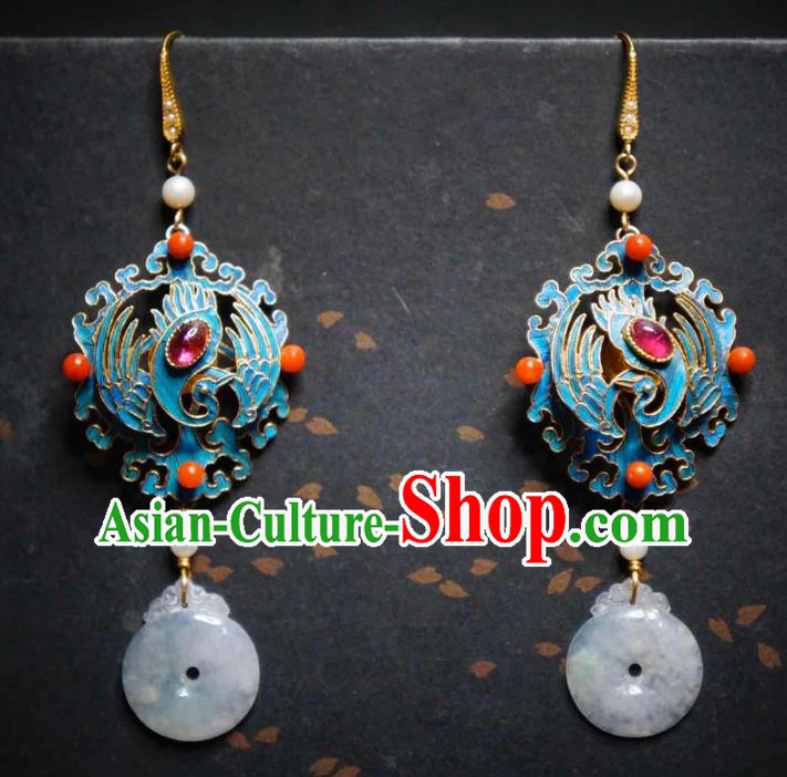 Handmade Chinese Cheongsam Jadeite Ear Accessories Traditional Culture Jewelry Blueing Phoenix Earrings