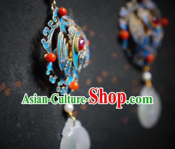 Handmade Chinese Cheongsam Jadeite Ear Accessories Traditional Culture Jewelry Blueing Phoenix Earrings