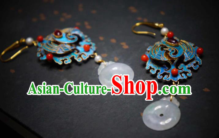 Handmade Chinese Cheongsam Jadeite Ear Accessories Traditional Culture Jewelry Blueing Phoenix Earrings