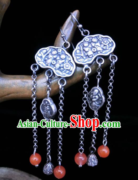 China Traditional Agate Tassel Ear Accessories National Cheongsam Silver Carving Earrings Jewelry