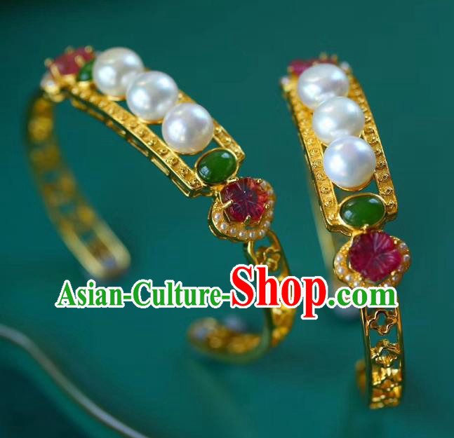 Handmade Chinese Qing Dynasty Golden Bracelet Traditional Gems Wristlet Accessories