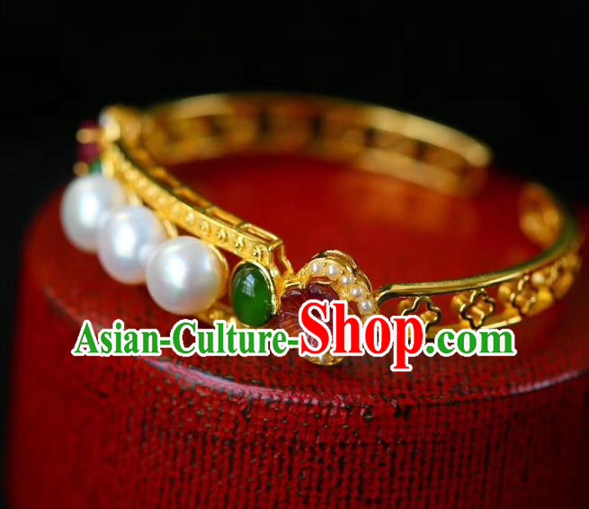 Handmade Chinese Qing Dynasty Golden Bracelet Traditional Gems Wristlet Accessories