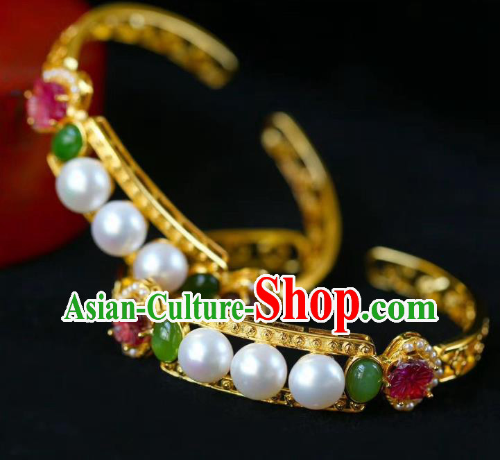 Handmade Chinese Qing Dynasty Golden Bracelet Traditional Gems Wristlet Accessories