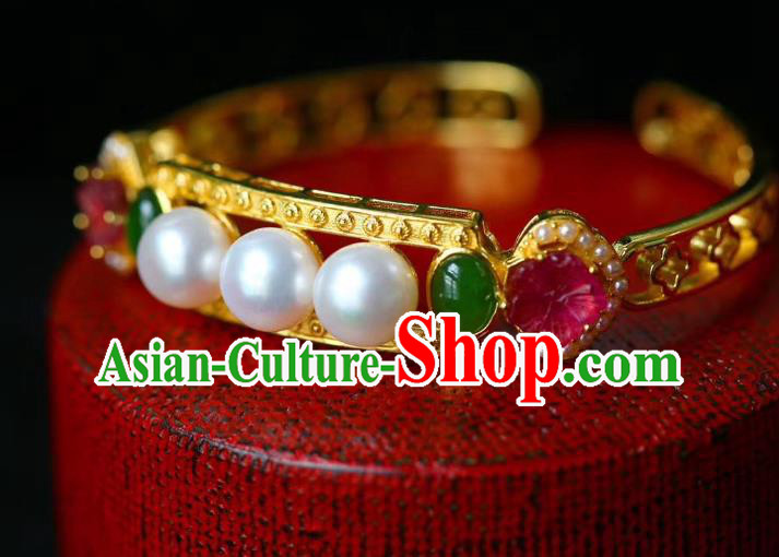 Handmade Chinese Qing Dynasty Golden Bracelet Traditional Gems Wristlet Accessories