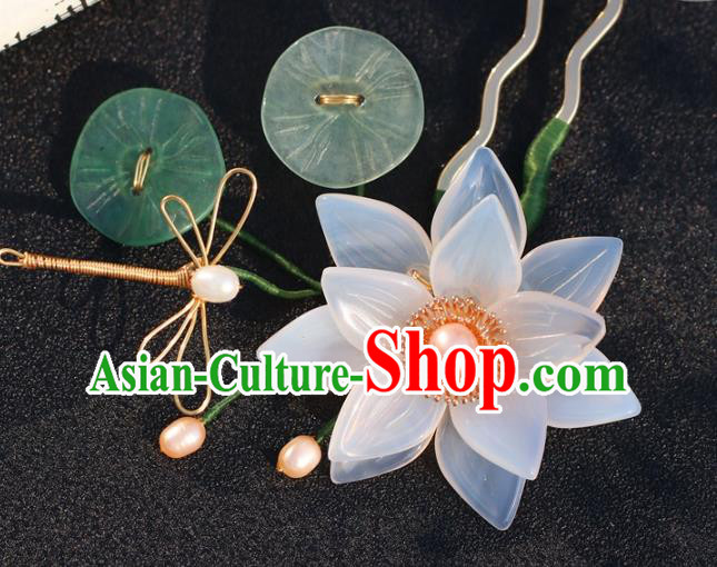 China Classical Pearls Hairpin Traditional Hair Accessories Hanfu White Lotus Hair Stick