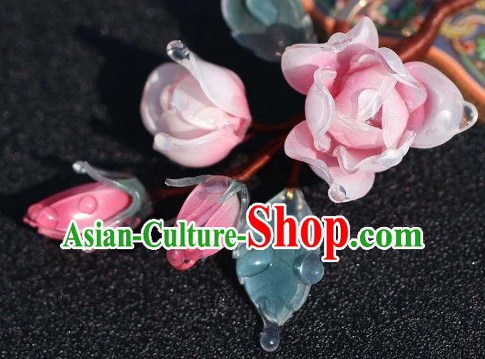 China Hanfu Pink Flowers Hair Stick Classical Ming Dynasty Hairpin Traditional Hair Accessories
