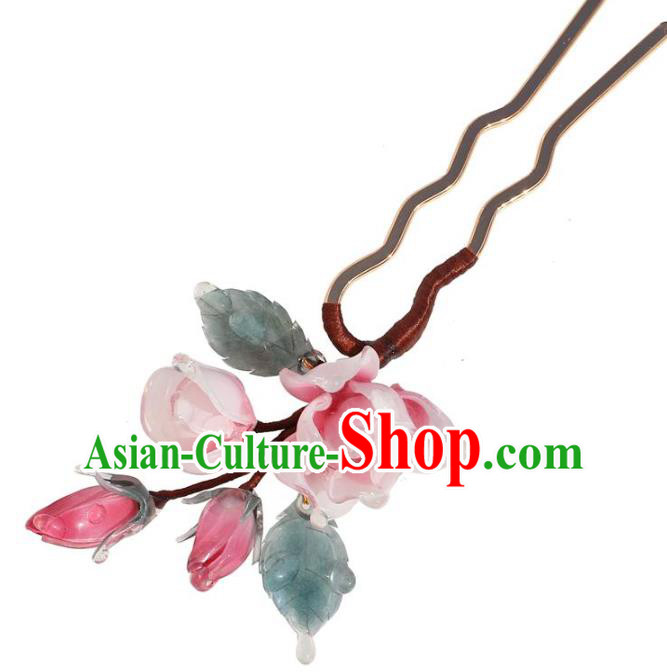 China Hanfu Pink Flowers Hair Stick Classical Ming Dynasty Hairpin Traditional Hair Accessories