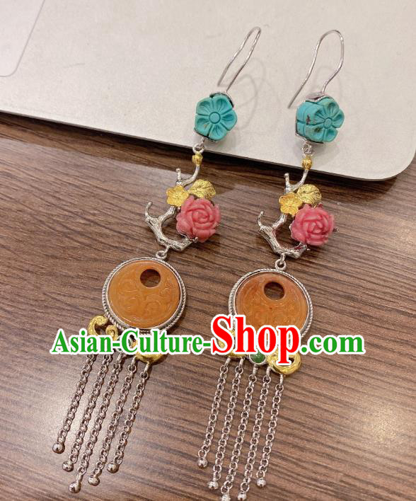 China Traditional Silver Tassel Ear Accessories Classical Cheongsam Jade Carving Earrings