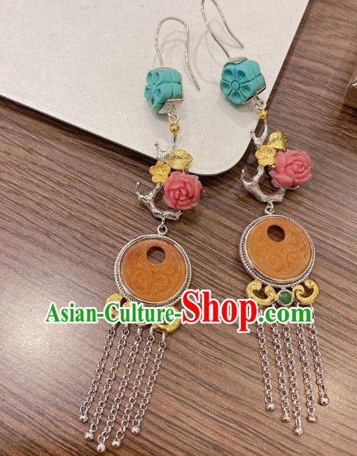 China Traditional Silver Tassel Ear Accessories Classical Cheongsam Jade Carving Earrings