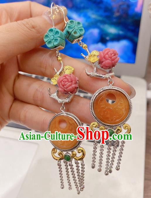 China Traditional Silver Tassel Ear Accessories Classical Cheongsam Jade Carving Earrings
