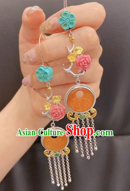 China Traditional Silver Tassel Ear Accessories Classical Cheongsam Jade Carving Earrings