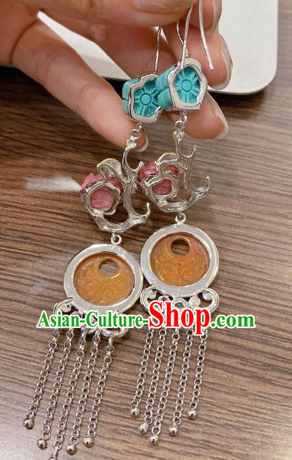 China Traditional Silver Tassel Ear Accessories Classical Cheongsam Jade Carving Earrings