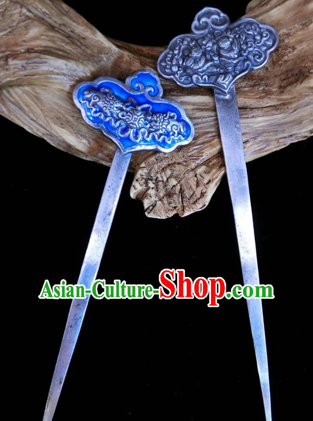 China Traditional Hair Accessories Classical Silver Carving Bat Hairpin Handmade Blueing Hair Stick