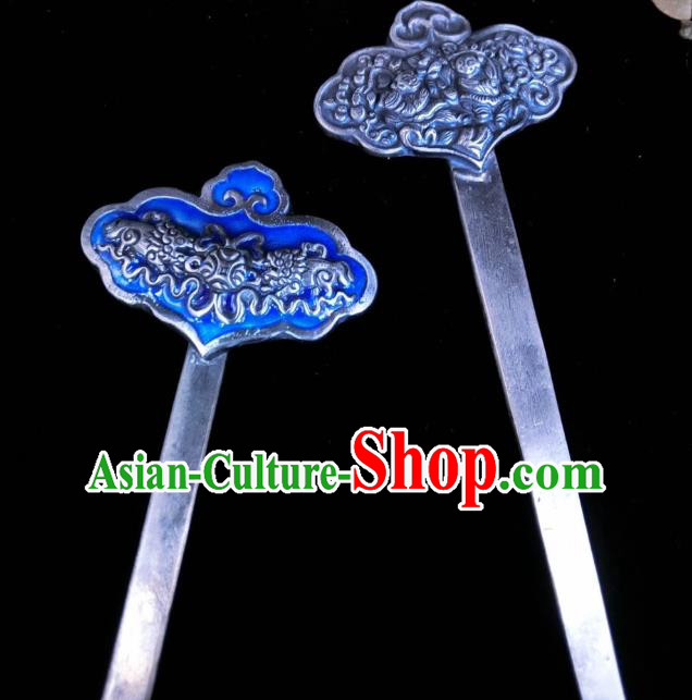 China Traditional Hair Accessories Classical Silver Carving Bat Hairpin Handmade Blueing Hair Stick