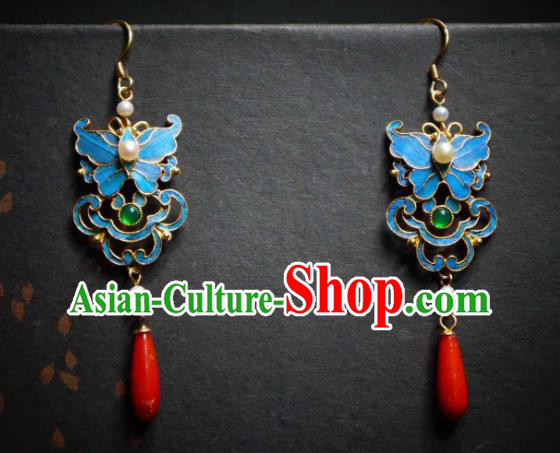 Handmade Chinese Cheongsam Blue Butterfly Ear Accessories Traditional Culture Jewelry Emerald Earrings