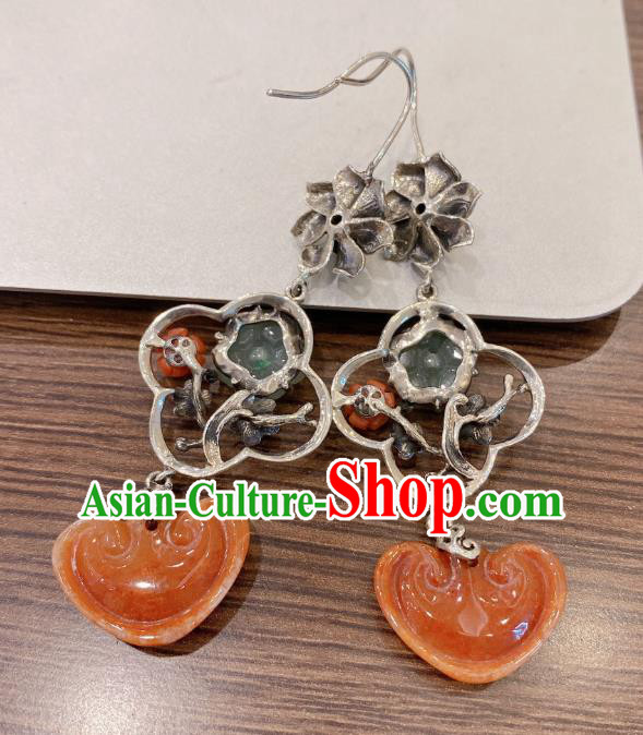 China Traditional Agate Ear Accessories Classical Cheongsam Silver Plum Blossom Earrings