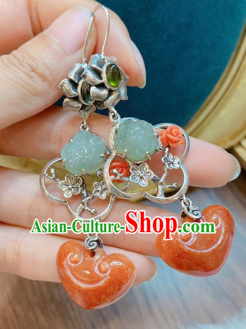 China Traditional Agate Ear Accessories Classical Cheongsam Silver Plum Blossom Earrings