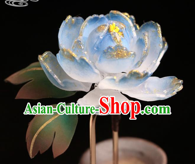 China Hanfu Blue Peony Hair Stick Classical Hair Accessories Traditional Ming Dynasty Princess Hairpin