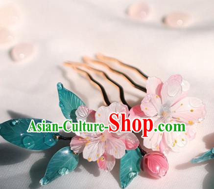 China Classical Hair Accessories Traditional Ming Dynasty Princess Hairpin Hanfu Pink Begonia Hair Comb