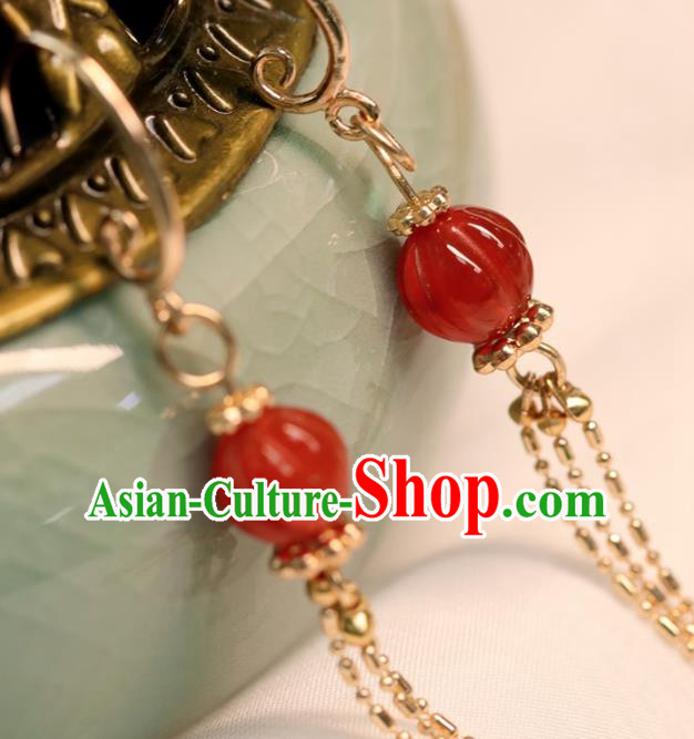 Chinese Handmade Golden Tassel Ear Accessories Traditional Song Dynasty Agate Lantern Earrings