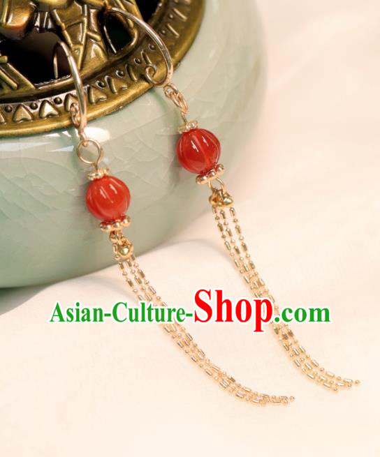 Chinese Handmade Golden Tassel Ear Accessories Traditional Song Dynasty Agate Lantern Earrings
