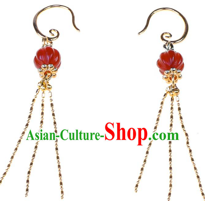 Chinese Handmade Golden Tassel Ear Accessories Traditional Song Dynasty Agate Lantern Earrings