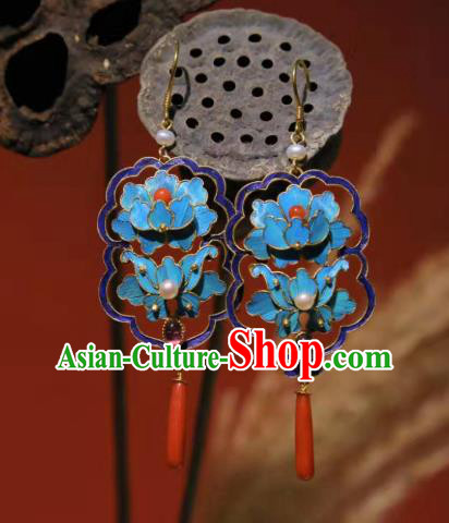 Handmade Chinese Cheongsam Agate Ear Accessories Traditional Culture Jewelry Blue Peony Earrings