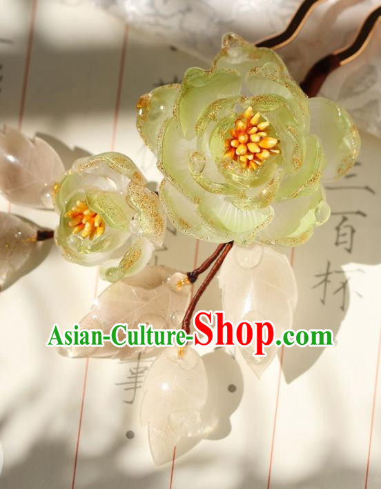 China Classical Hanfu Green Flowers Hair Stick Traditional Ming Dynasty Princess Hairpin Hair Accessories