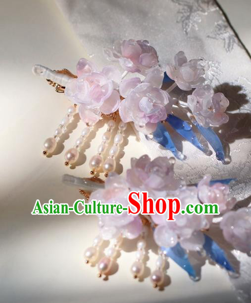 China Traditional Ming Dynasty Princess Pink Flowers Hairpin Classical Hair Accessories Hanfu Pearls Tassel Hair Stick