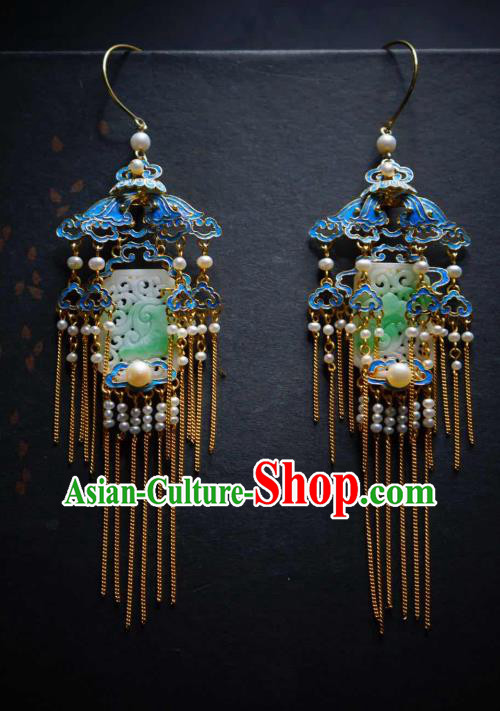 Handmade Chinese Cheongsam Blueing Pearls Ear Accessories Traditional Culture Jewelry Jade Earrings