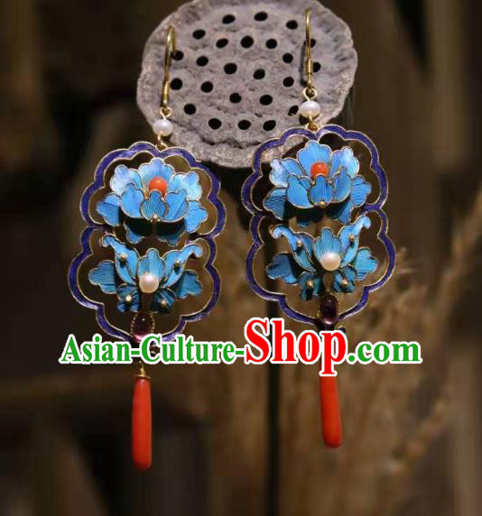 Handmade Chinese Cheongsam Agate Ear Accessories Traditional Culture Jewelry Blue Peony Earrings