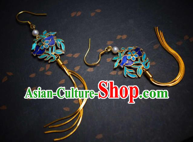 Handmade Chinese Cheongsam Blueing Ear Accessories Traditional Culture Jewelry Golden Long Tassel Earrings