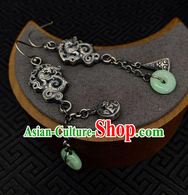 China Traditional Silver Dragon Ear Accessories National Cheongsam Jade Peace Buckle Earrings Jewelry
