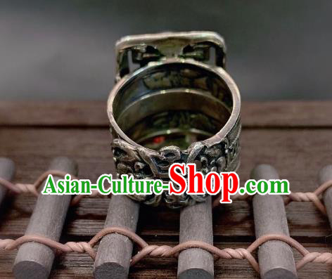 Chinese Handmade Silver Ring National Jadeite Agate Circlet Jewelry