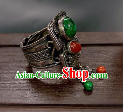 Chinese Handmade Silver Ring National Jadeite Agate Circlet Jewelry