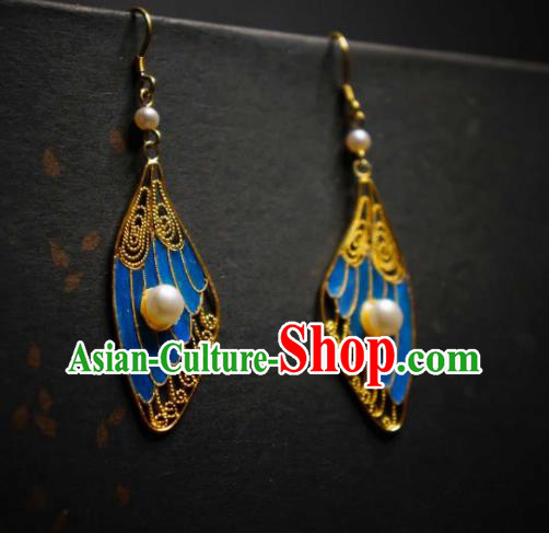 Handmade Chinese Blueing Wing Earrings Traditional Culture Jewelry Cheongsam Pearls Ear Accessories