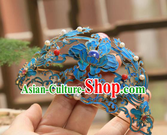 Chinese Handmade Blueing Peony Hairpin Traditional Hair Jewelry Ancient Qing Dynasty Empress Hair Crown