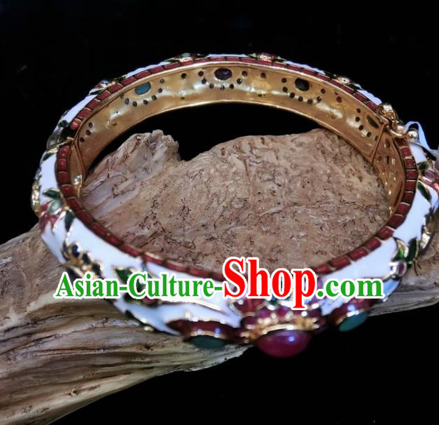 Handmade Chinese National Enamel White Bracelet Gems Bangle Wristlet Accessories