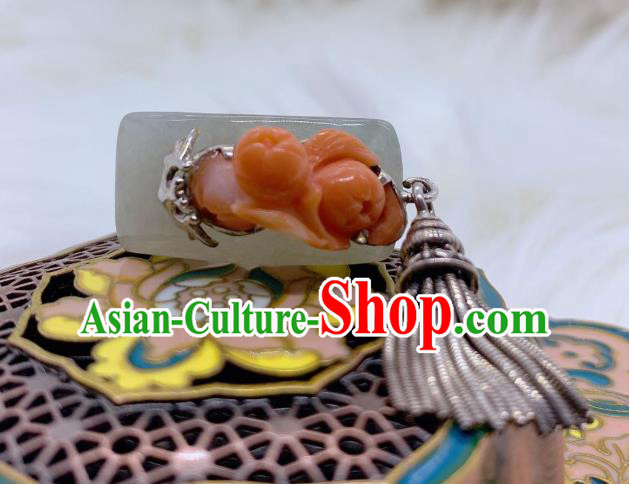 Chinese Handmade Hetian Jade Ring National Agate Jewelry Silver Tassel Circlet