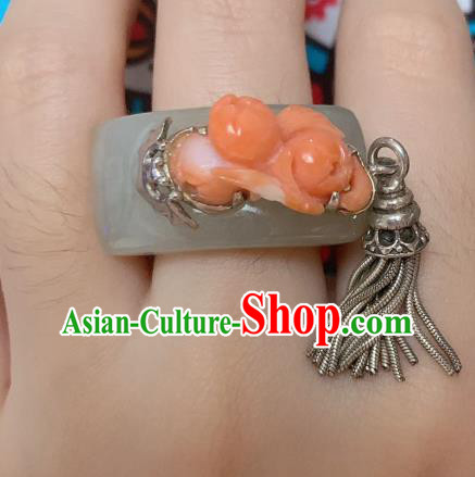 Chinese Handmade Hetian Jade Ring National Agate Jewelry Silver Tassel Circlet