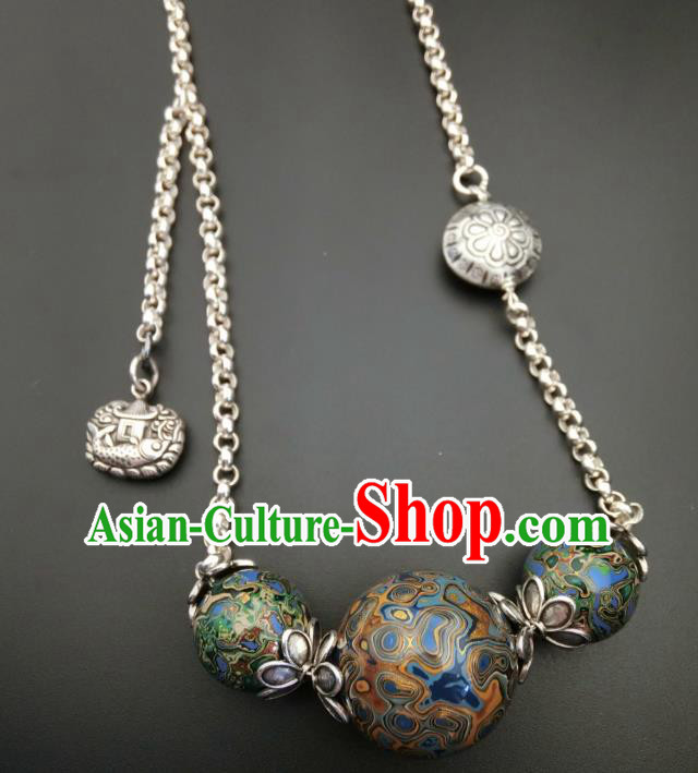 Handmade Chinese National Silver Necklace Traditional Lacquerware Necklet Accessories
