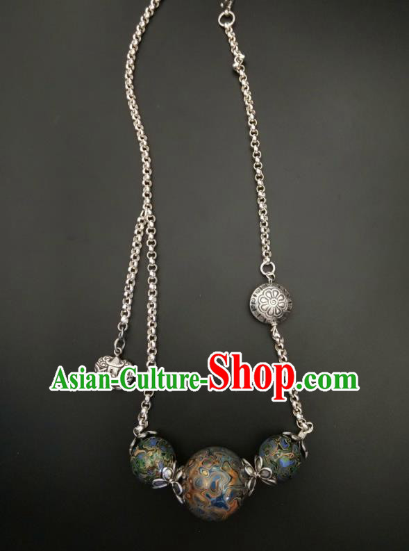 Handmade Chinese National Silver Necklace Traditional Lacquerware Necklet Accessories
