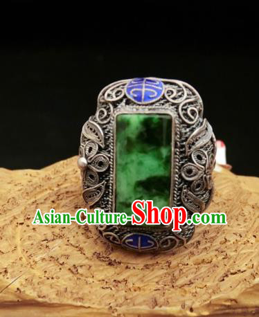 Chinese Handmade Blueing Silver Ring National Jewelry Jadeite Circlet