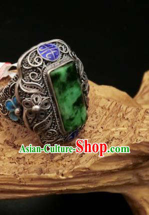 Chinese Handmade Blueing Silver Ring National Jewelry Jadeite Circlet