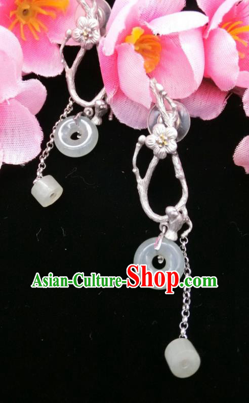China Traditional Silver Plum Blossom Ear Accessories Handmade Classical Jade Peace Buckle Earrings