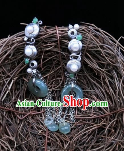 China Handmade Classical Jade Peace Buckle Earrings Traditional Silver Pearls Ear Accessories