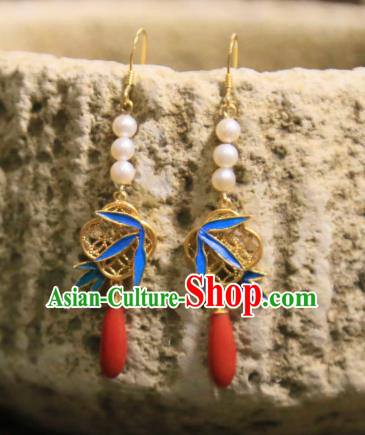 Handmade Chinese Agate Ear Accessories Traditional Culture Jewelry Cheongsam Blueing Bamboo Leaf Earrings