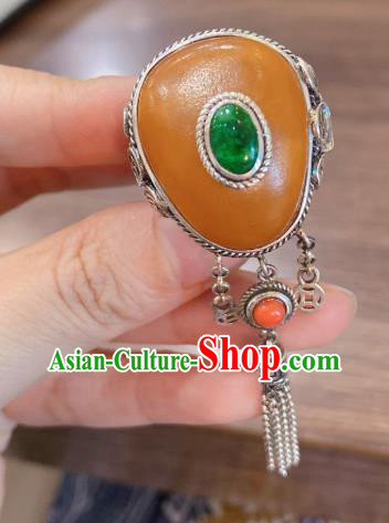 Chinese National Jewelry Beeswax Circlet Handmade Silver Tassel Finger Ring