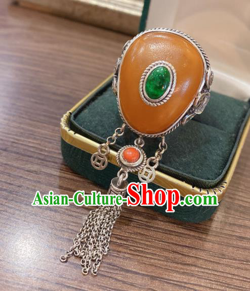 Chinese National Jewelry Beeswax Circlet Handmade Silver Tassel Finger Ring