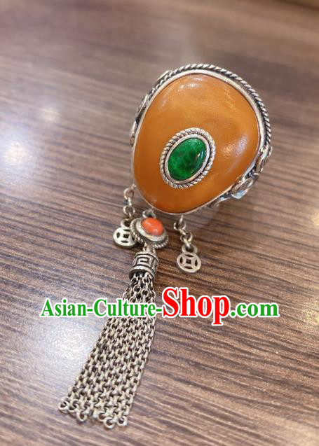 Chinese National Jewelry Beeswax Circlet Handmade Silver Tassel Finger Ring